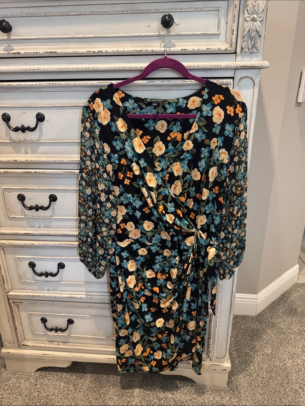 INC International Concepts Black Floral Wrap Dress with Yellow & Teal Blooms